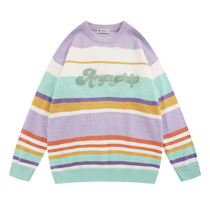 Women Sweater Vintage Mixed Color Stripe Knitted Sweater