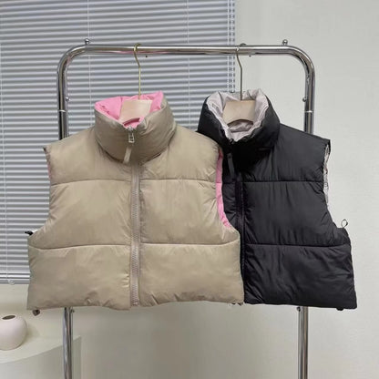 Women Cotton Coat Thickened Solid Color Zipped Stand Collar Vest