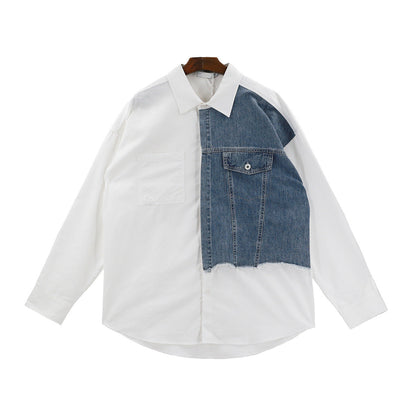 Men Shirts Retro Loose Stitching Long Sleeve Denim Coat