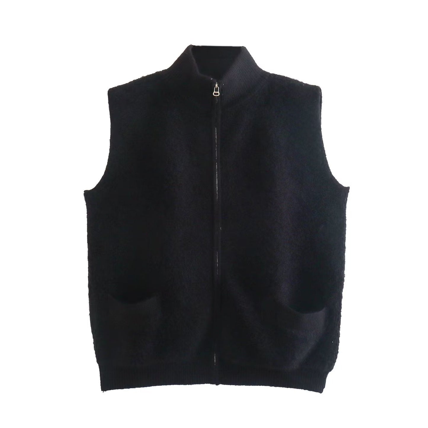 Women Sweater Knitwear Autumn Stand Collar Double Pocket Sleeveless Knit Vest Vest Jacket