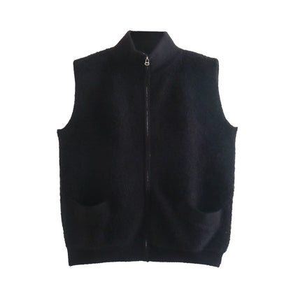 Women Sweater Knitwear Autumn Stand Collar Double Pocket Sleeveless Knit Vest Vest Jacket