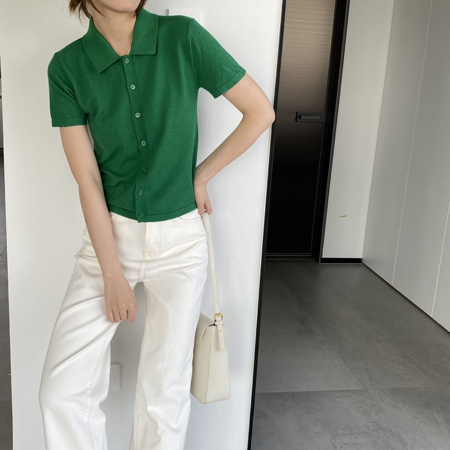 Women Knitted T-shirt Knitted Cardigan Jacket Slim Fit Short Sleeve Polo Collar Top