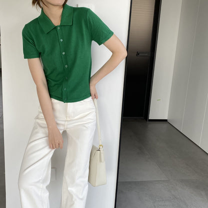 Women Knitted T-shirt Knitted Cardigan Jacket Slim Fit Short Sleeve Polo Collar Top