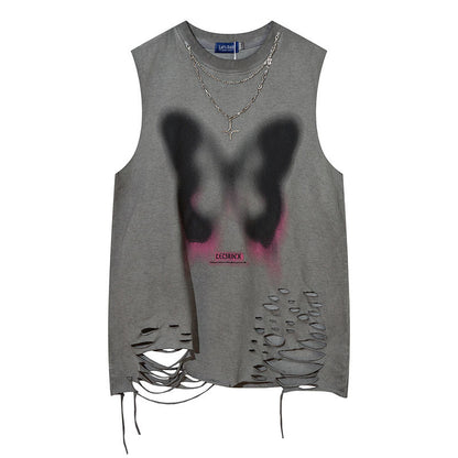 Women Vest Ripped Letter-Printing Necklace Sleeveless T-shirt