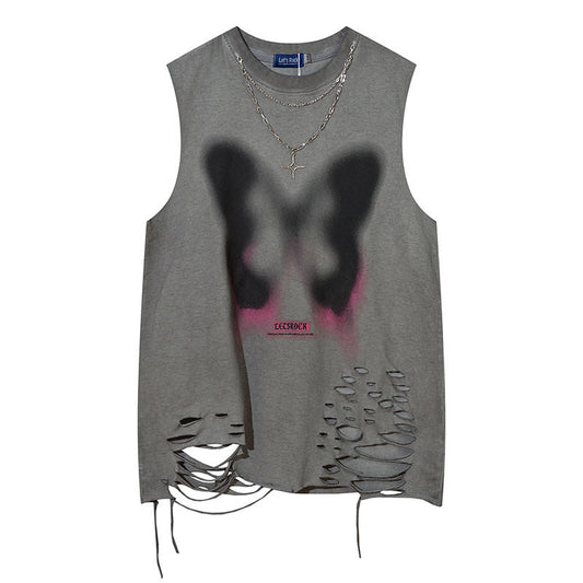 Men Vest Butterfly Graffiti Ripped Necklace Sleeveless T-shirt Vest