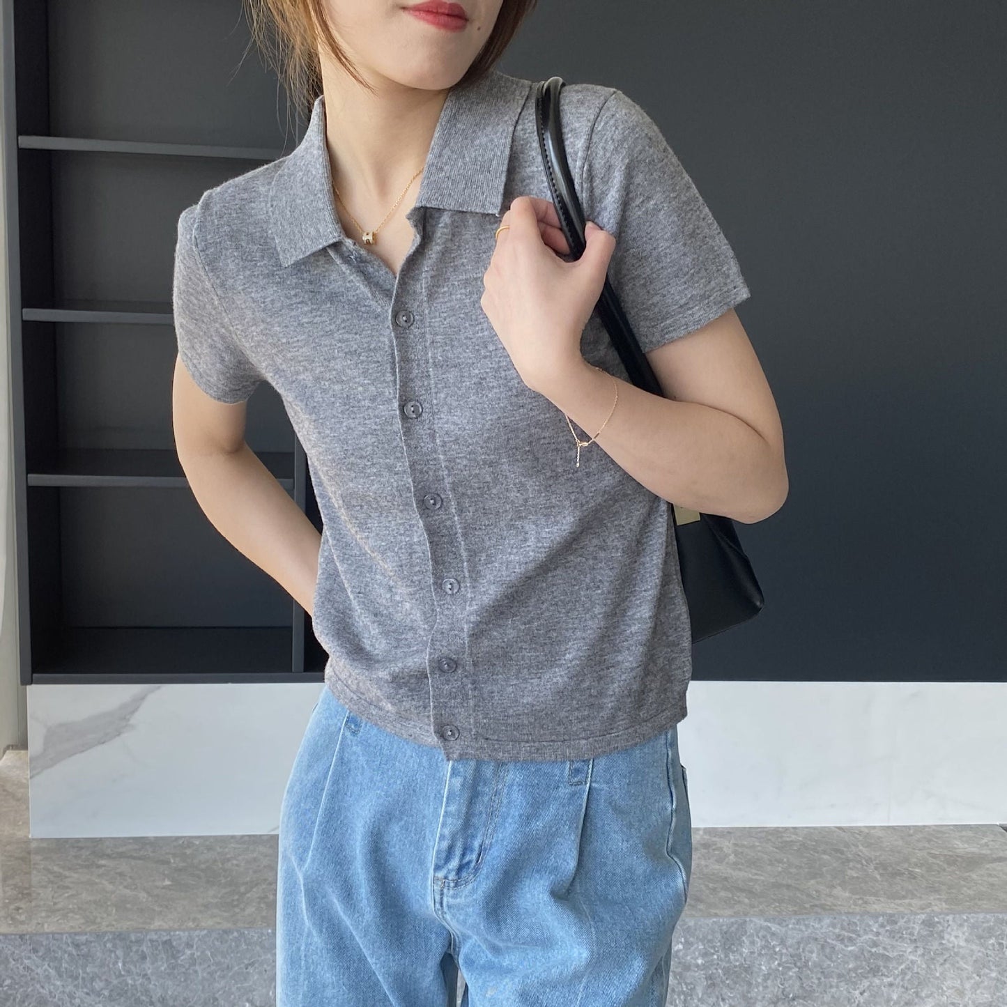 Women Knitted T-shirt Knitted Cardigan Jacket Slim Fit Short Sleeve Polo Collar Top