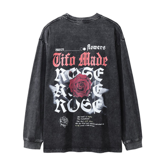 Men Long Sleeve T-Shirt Rose Pattern Loose Distressed Niche