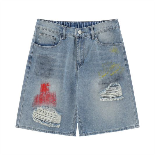 Men Shorts Summer Denim with Hole Retro Casual Loose