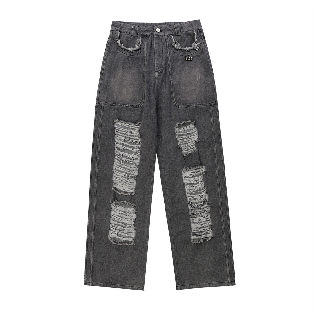 Women Pants Ripped Jeans Straight Wide Leg Pants Loose Trousers