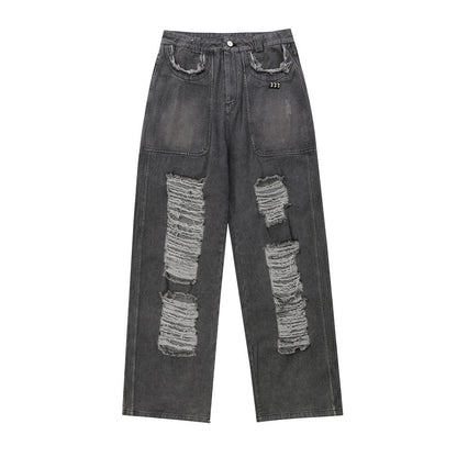 Women Pants Ripped Jeans Straight Wide Leg Pants Loose Trousers