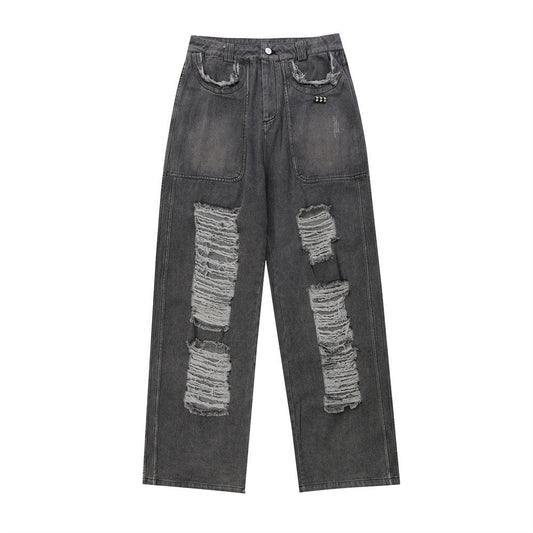 Women Pants Ripped Jeans Straight Wide Leg Pants Loose Trousers