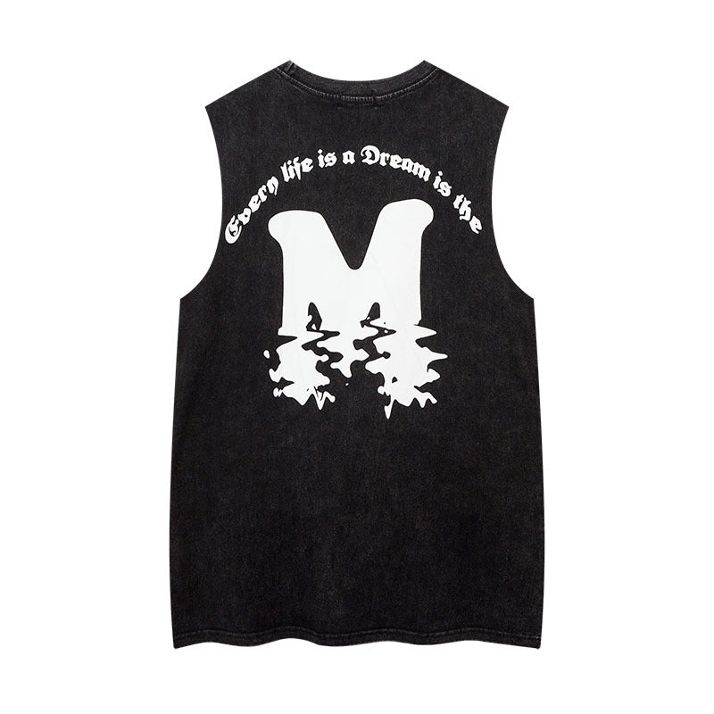 Women Vest Ripped Letter-Printing Necklace Sleeveless T-shirt