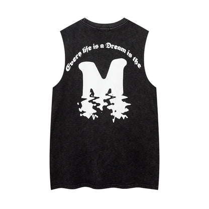 Women Vest Ripped Letter-Printing Necklace Sleeveless T-shirt