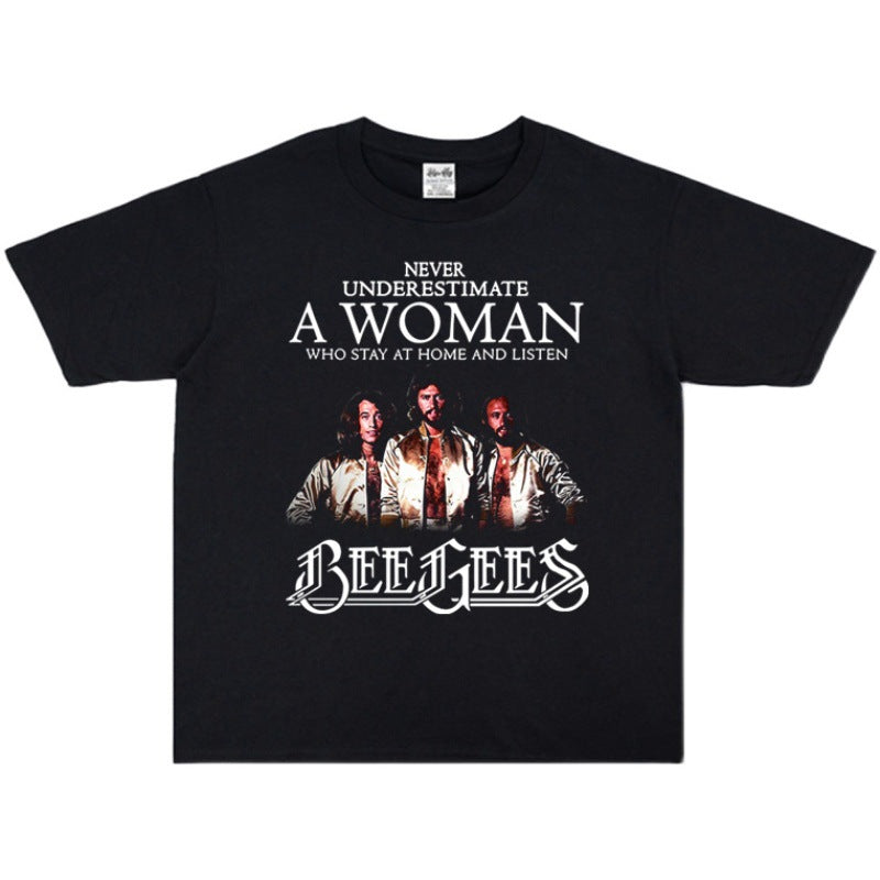 Rock Star T Shirt Bee Gees Beegis Bgs Band Washed Distressed T-shirt Short Sleeve Men and Women Loose Version