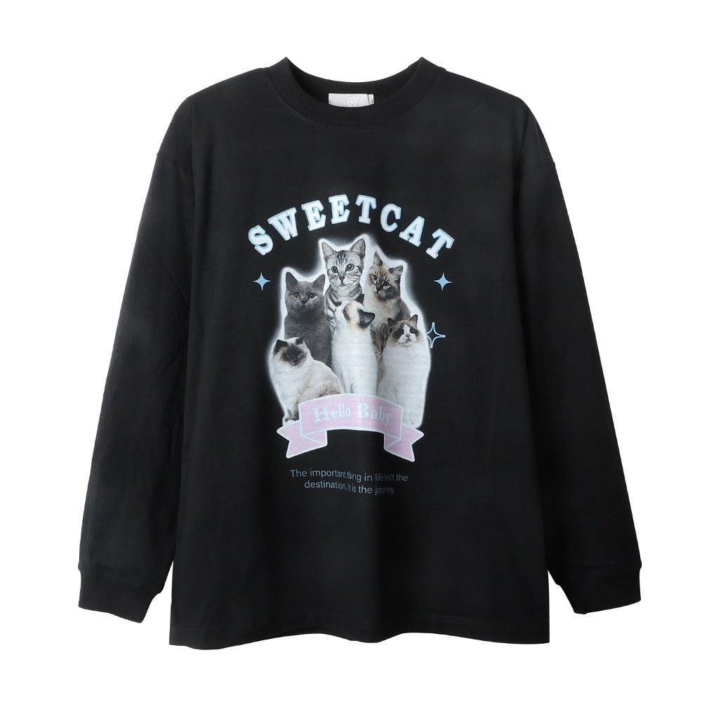 Men Long Sleeve T-Shirt Fun Cat Printing Loose Casual