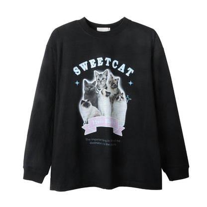 Men Long Sleeve T-Shirt Fun Cat Printing Loose Casual
