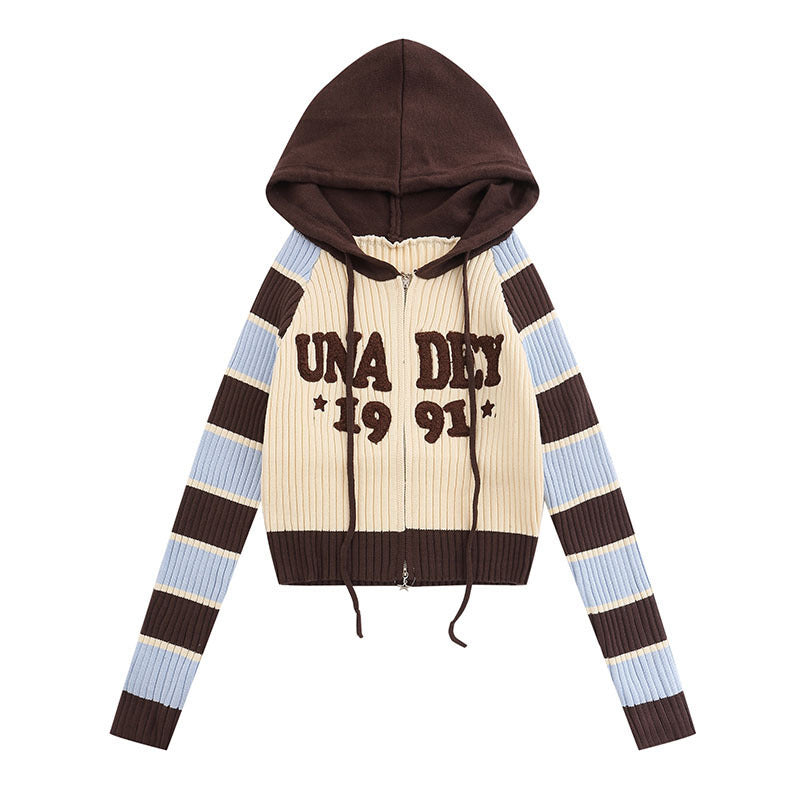 Women Sweater Retro College Style Hooded Slim Fit Knitwear Cardigan Sweater