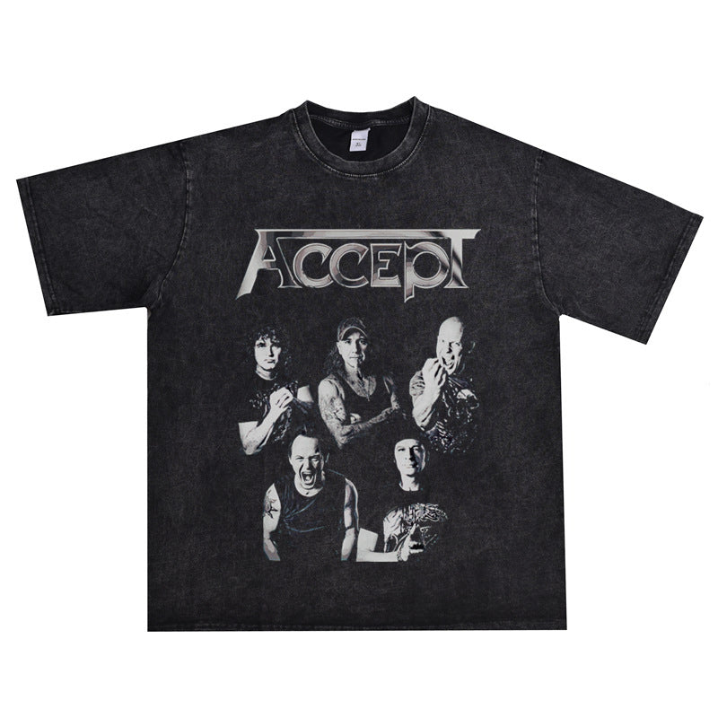 Rock Star T Shirt Band Accept Rock Accept Band Washed Distressed T-shirt Cotton Short Sleeve Loose