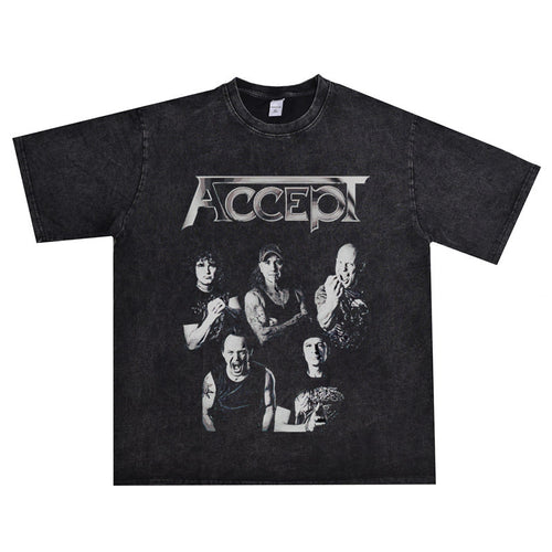 Rock Star T Shirt Band Accept Rock Accept Band Washed Distressed T-shirt Cotton Short Sleeve Loose