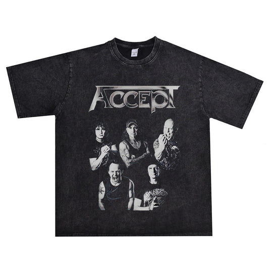 Rock Star T Shirt Band Accept Rock Accept Band Washed Distressed T-shirt Cotton Short Sleeve Loose