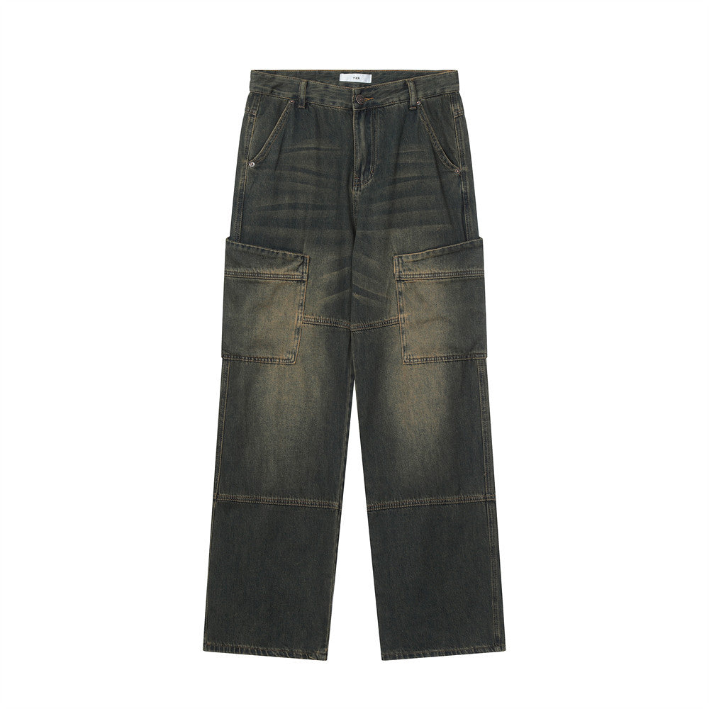 Men Jeans Overalls Loose Distressed Retro Multi-Pocket Trousers