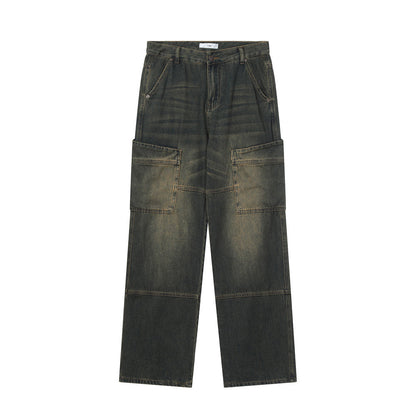 Men Jeans Overalls Loose Distressed Retro Multi-Pocket Trousers