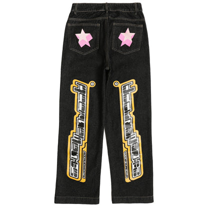 Women Pants Letter Printed Jeans Straight-Leg Trousers Hip Hop Casual Baggy Pants