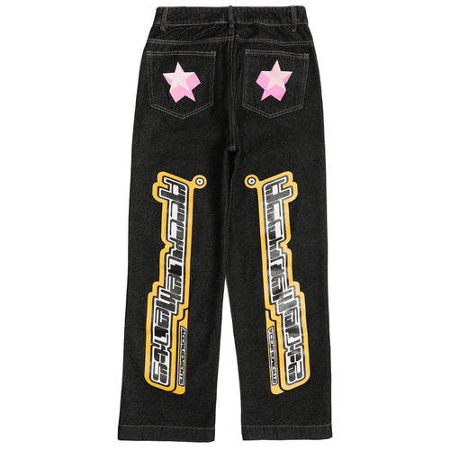 Women Pants Letter Printed Jeans Straight-Leg Trousers Hip Hop Casual Baggy Pants