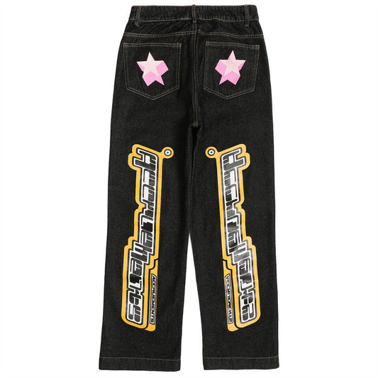 Women Pants Letter Printed Jeans Straight-Leg Trousers Hip Hop Casual Baggy Pants