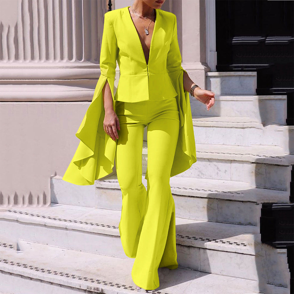Women Trench Coat Suit Jacket Tops High Waist Big Swing Bell-Bottom Pants Two-Piece Set