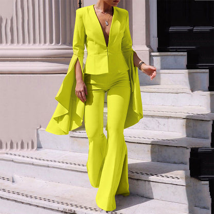 Women Trench Coat Suit Jacket Tops High Waist Big Swing Bell-Bottom Pants Two-Piece Set