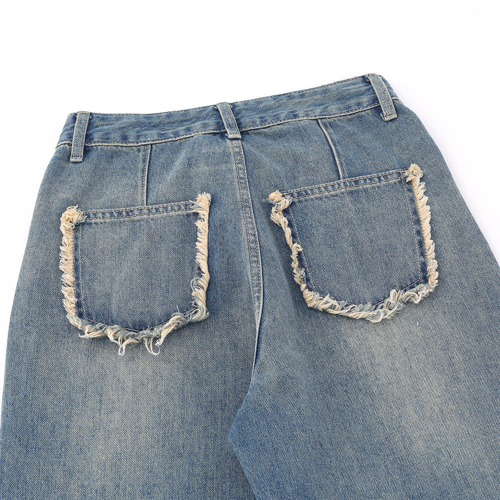 Women Pants Washed Jeans Straight-Leg Pants Loose-Fitting Wide-Leg Trousers