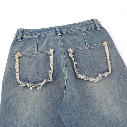 Women Pants Washed Jeans Straight-Leg Pants Loose-Fitting Wide-Leg Trousers