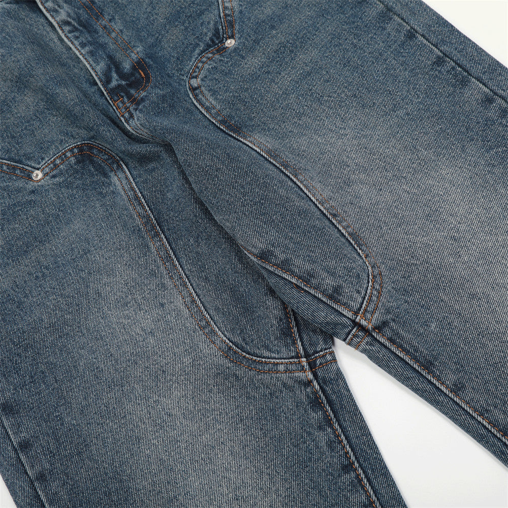 Men Jeans Solid Color Stitching Personality Slightly Flared Loose White
