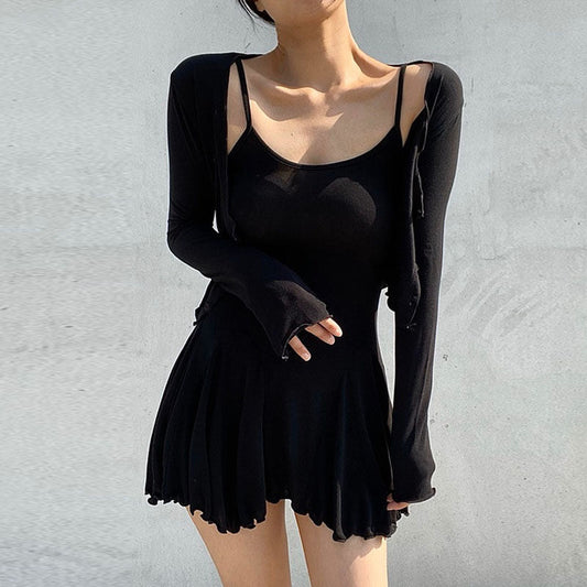 Women Dresses U-Neck Sling Pleated Dress Cardigan Button Long Sleeve Jacket Two-Piece Short Skirt