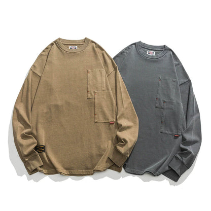 Men Long Sleeve T-Shirt Heavy Distressed Double Bag Decoration
