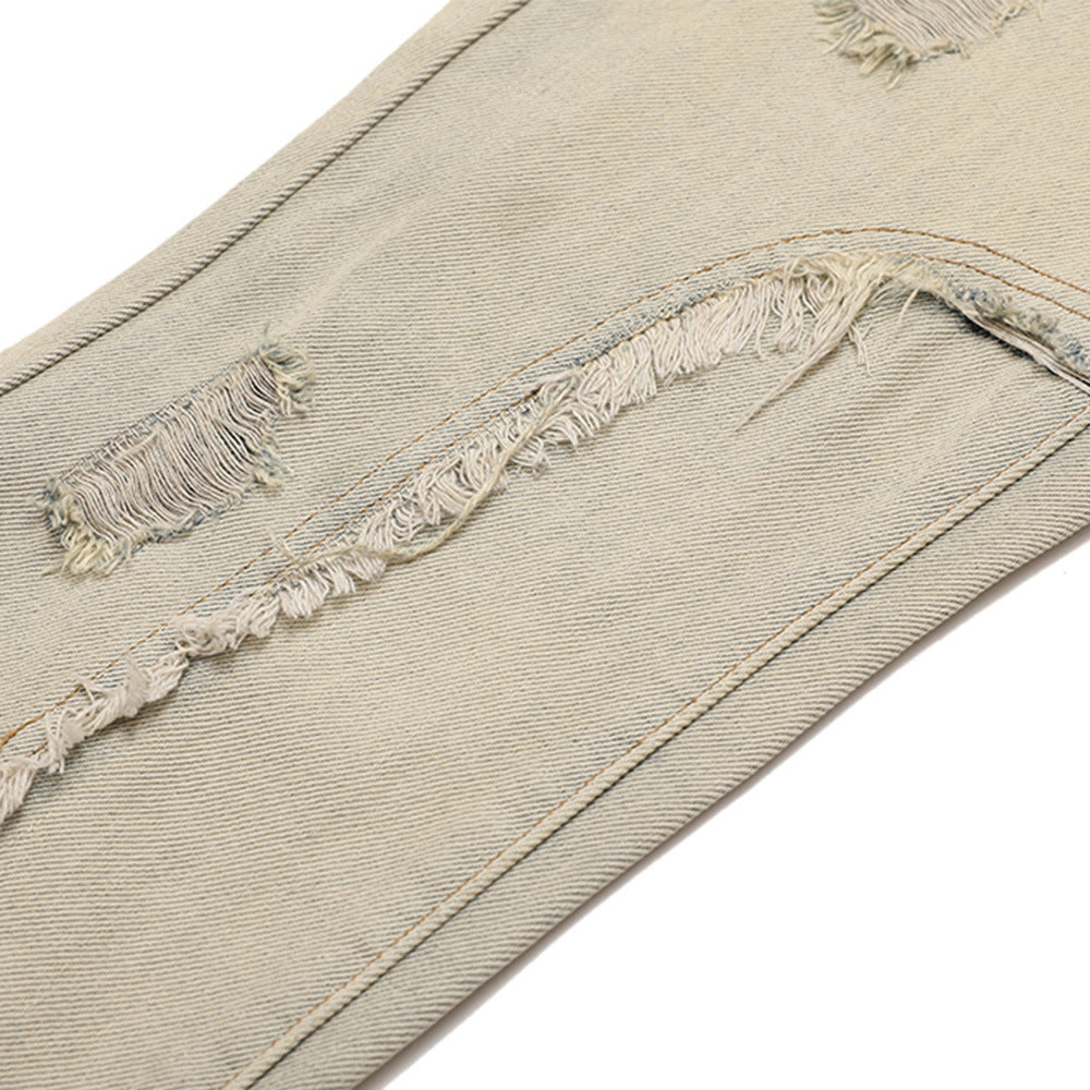 Women Pants Ripped Frayed Color Contrast Patchwork Jeans Trousers
