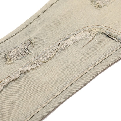 Women Pants Ripped Frayed Color Contrast Patchwork Jeans Trousers