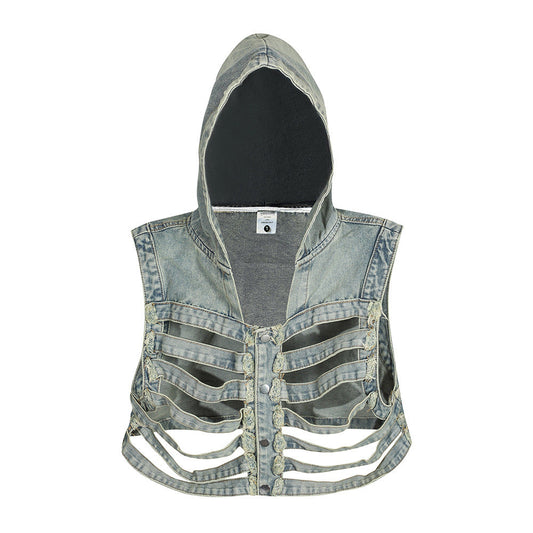 Men Vest Dark Hollow Skeleton Hooded Denim Vest