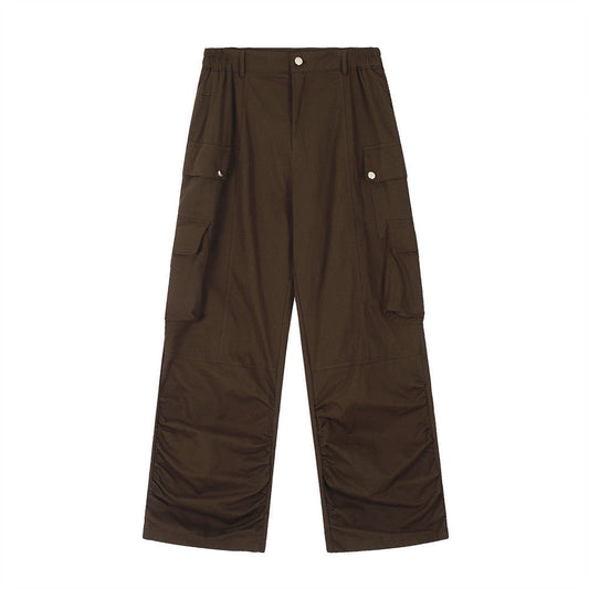 Men Sweatpants Loose Pockets Cargo Pants Loose Pleated Straight Wide Leg Casual Paratrooper Pants