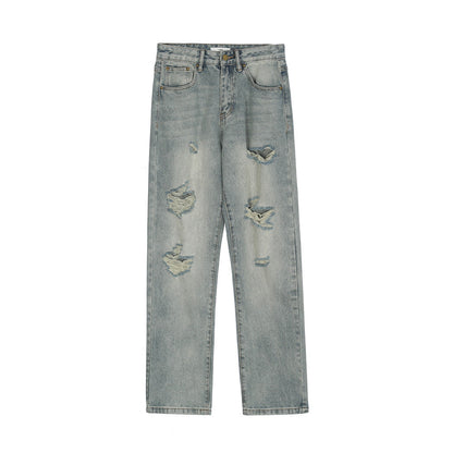 Men Jeans Loose Hole Casual White Distressed