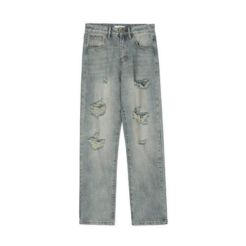 Men Jeans Loose Hole Casual White Distressed
