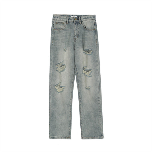 Men Jeans Loose Hole Casual White Distressed