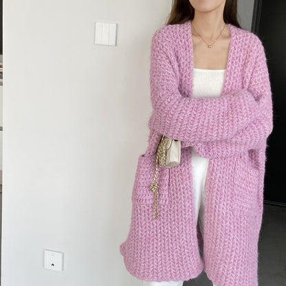 Women Cardigan Sweater Autumn and Winter Loose Pocket Texture Interwoven Long Cardigan Jacket Kc81