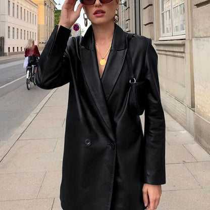 Women Trench Coat Autumn and Winter PU Leather Coat European and American Street Fashion Suit Long Sleeve Jacket