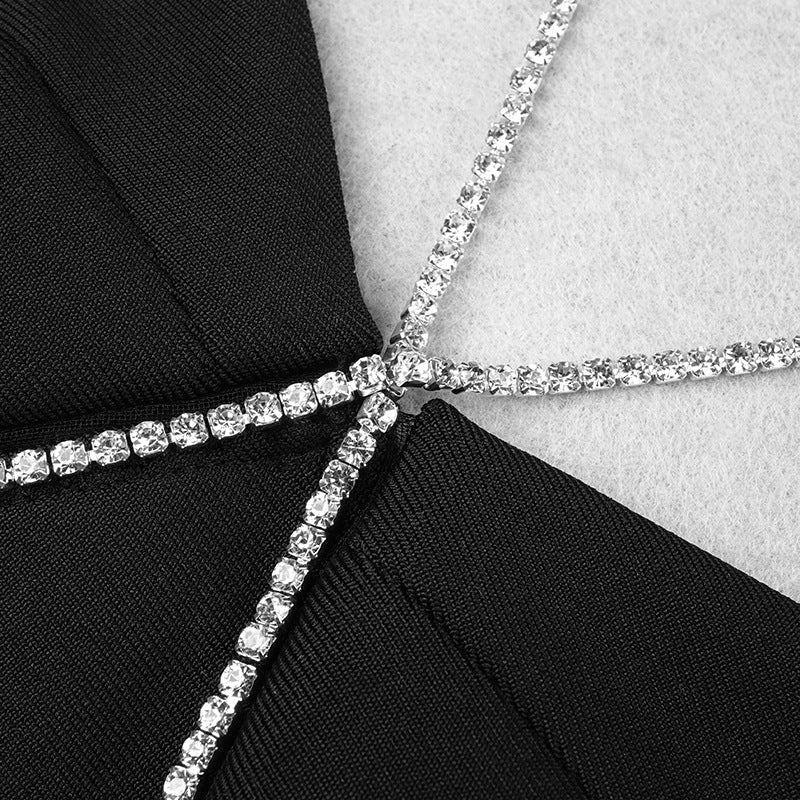 Women Evening Dress Crystal Drill Chain Straps Tulle Backless Evening Gown