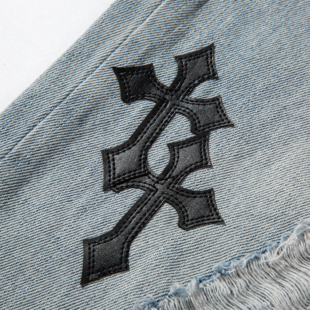 Men Jeans Cross Embroidery Ripped Distressed Loose