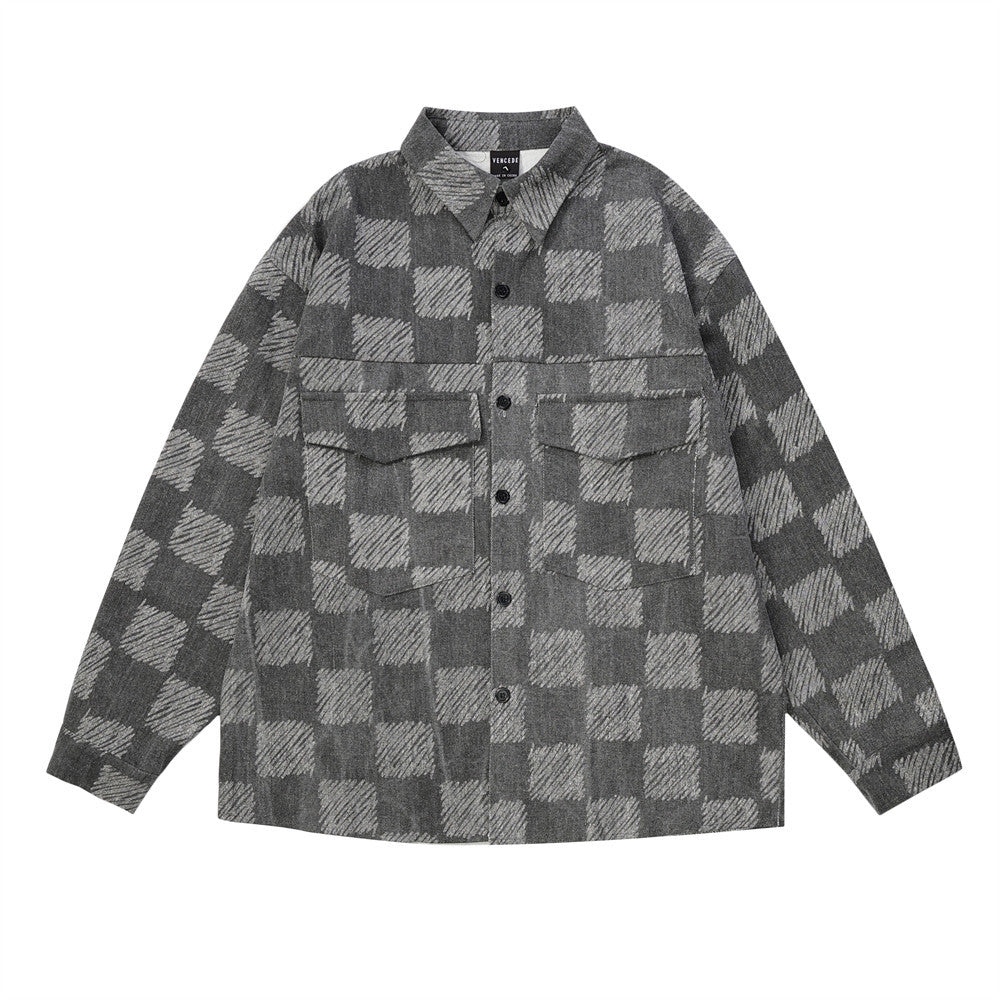 Men Jacket Coat Chessboard Plaid Long-Sleeve T-shirt Spring and Autumn Loose Shirt Coat