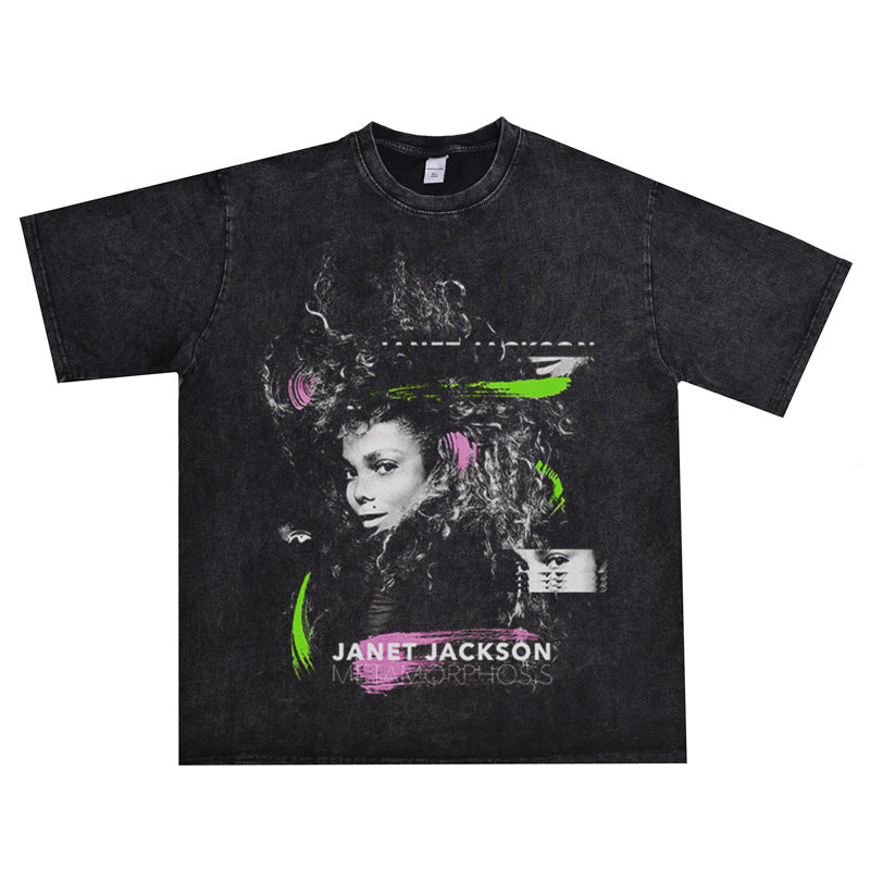 Rock Star T Shirt Jenny Jackson Janet Jack Washed Distressed T-shirt Short Sleeve Men and Women Loose