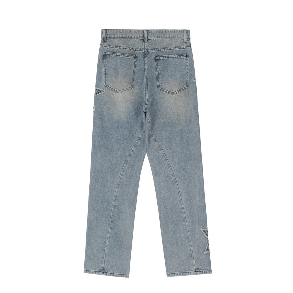 Men Jeans Five-Pointed Star Paste Cloth Embroidery Loose
